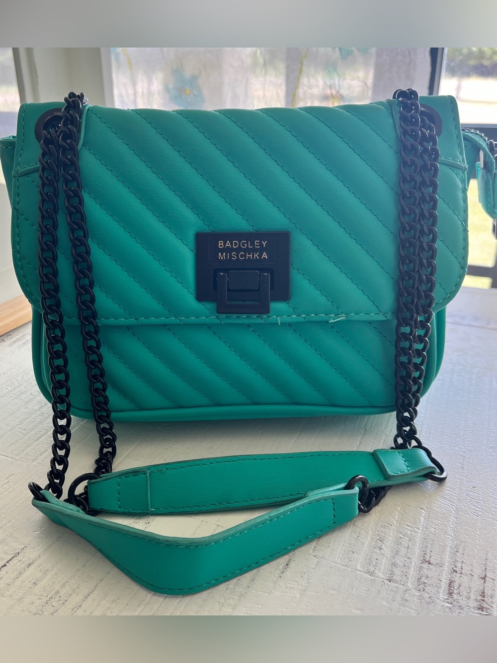 Badgley Mischka Teal Quilted Crossbody Bag Black Chain